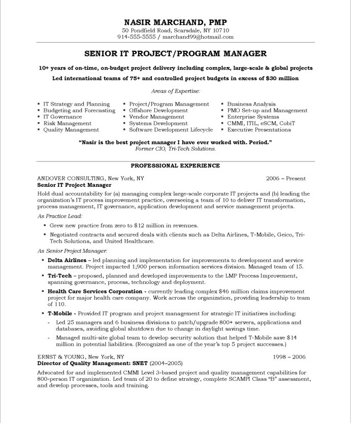 Sample resume of project manager construction